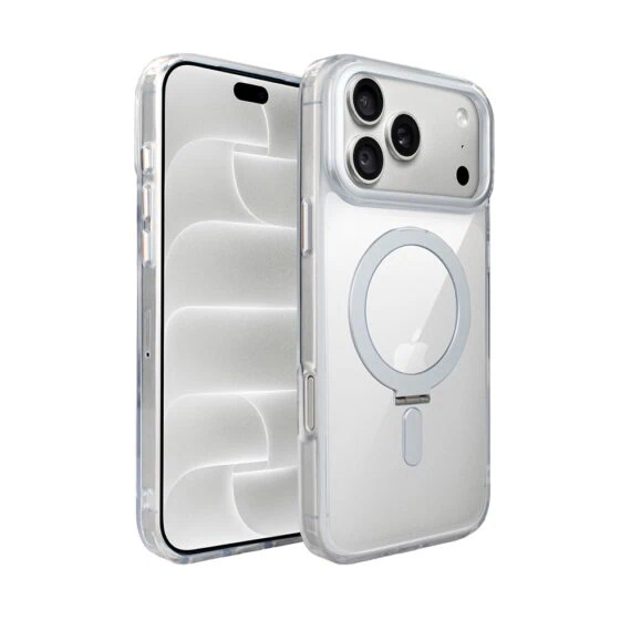 etui do iphone 18 pro max metal clear cam magsafe stand z podstawką, twarde, przeźroczyste