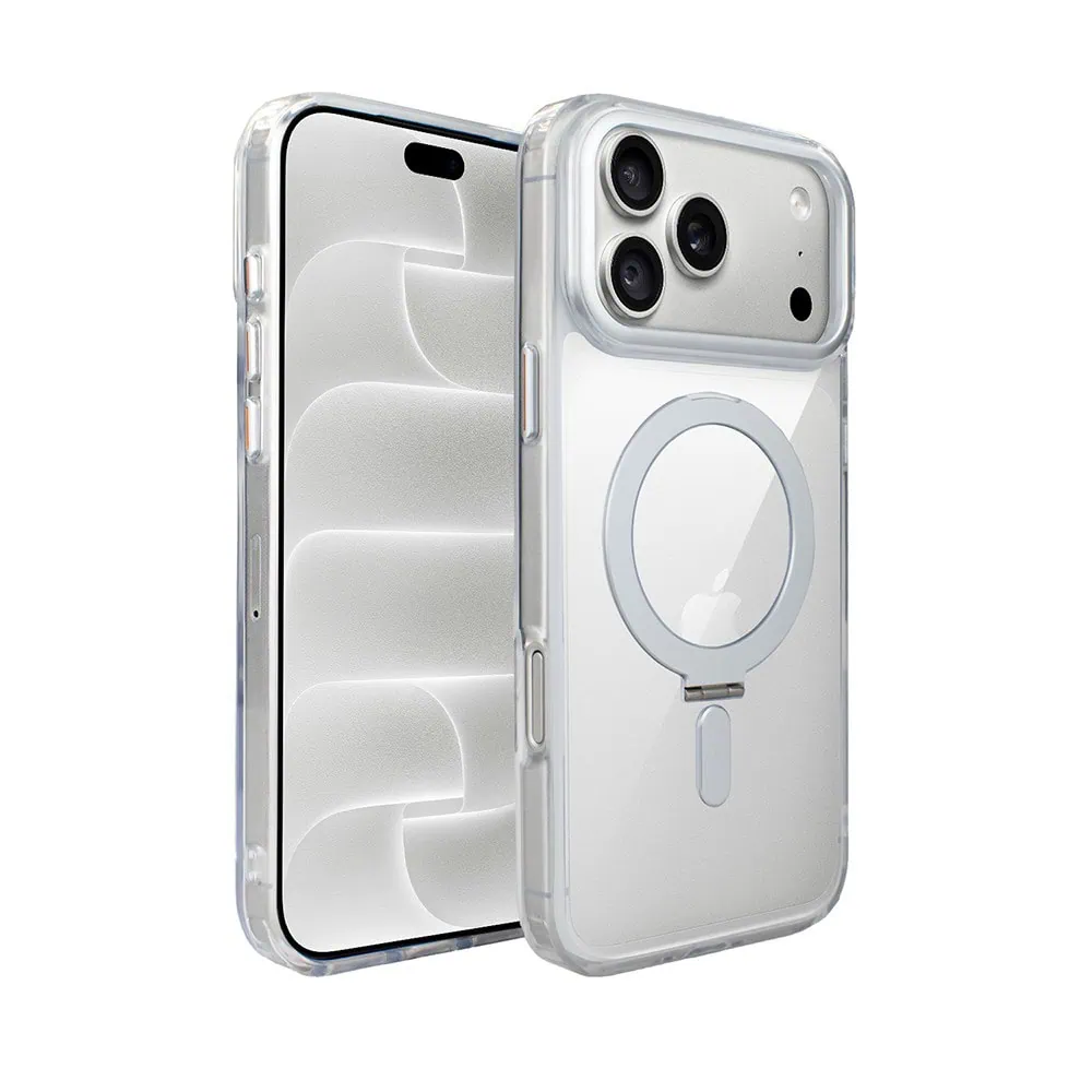 etui do iphone 18 pro max metal clear cam magsafe stand z podstawką, twarde, przeźroczyste