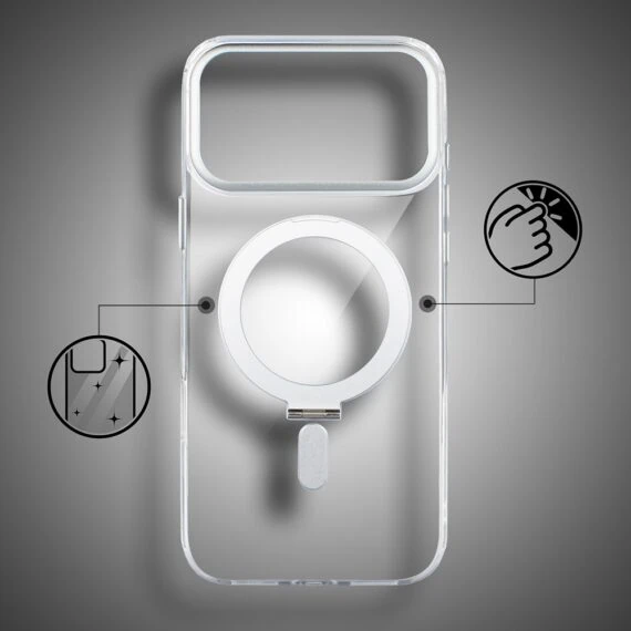 etui do iphone 18 pro max metal clear cam magsafe stand z podstawką, twarde, przeźroczyste