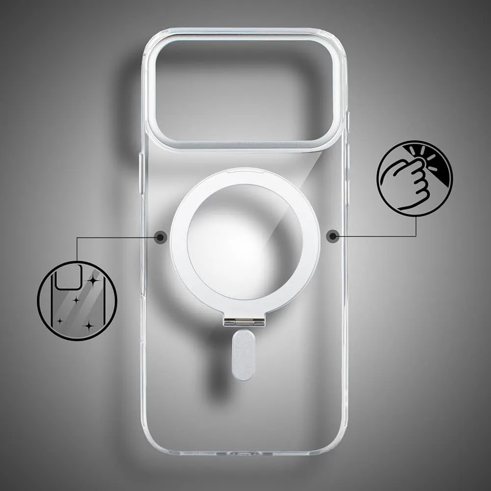 etui do iphone 18 pro max metal clear cam magsafe stand z podstawką, twarde, przeźroczyste
