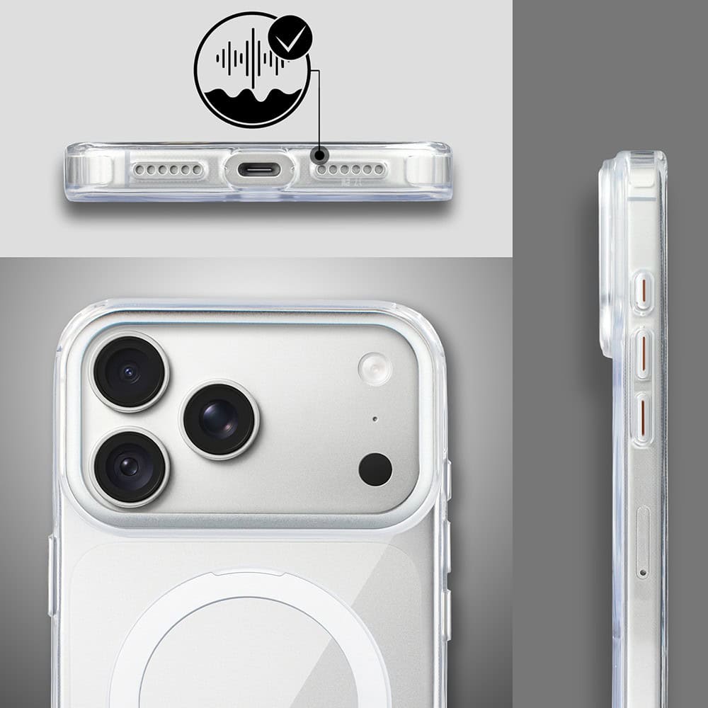etui do iphone 18 pro max metal clear cam magsafe stand z podstawką, twarde, przeźroczyste