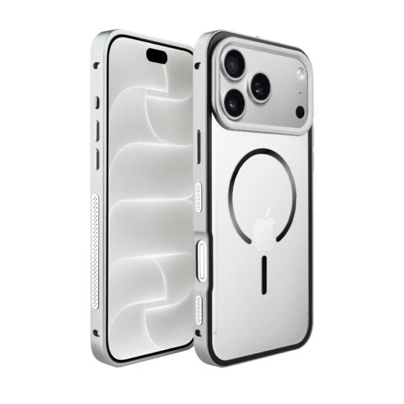etui do iphone 18 pro max metal defender, metalowa ramka z magsafe, srebrne