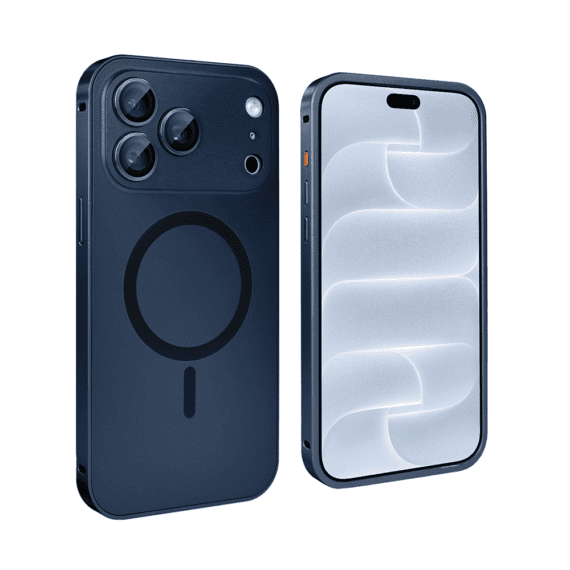 etui do iphone 18 pro metal solid magsafe, pełny tył z metalową ramką i osłoną aparatu, granatowe