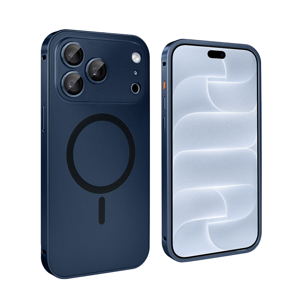 etui do iphone 18 pro metal solid magsafe, pełny tył z metalową ramką i osłoną aparatu, granatowe