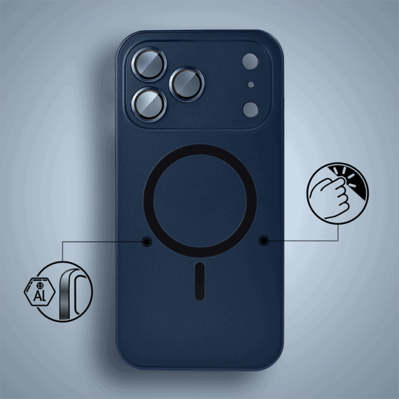 etui do iphone 18 pro metal solid magsafe, pełny tył z metalową ramką i osłoną aparatu, granatowe