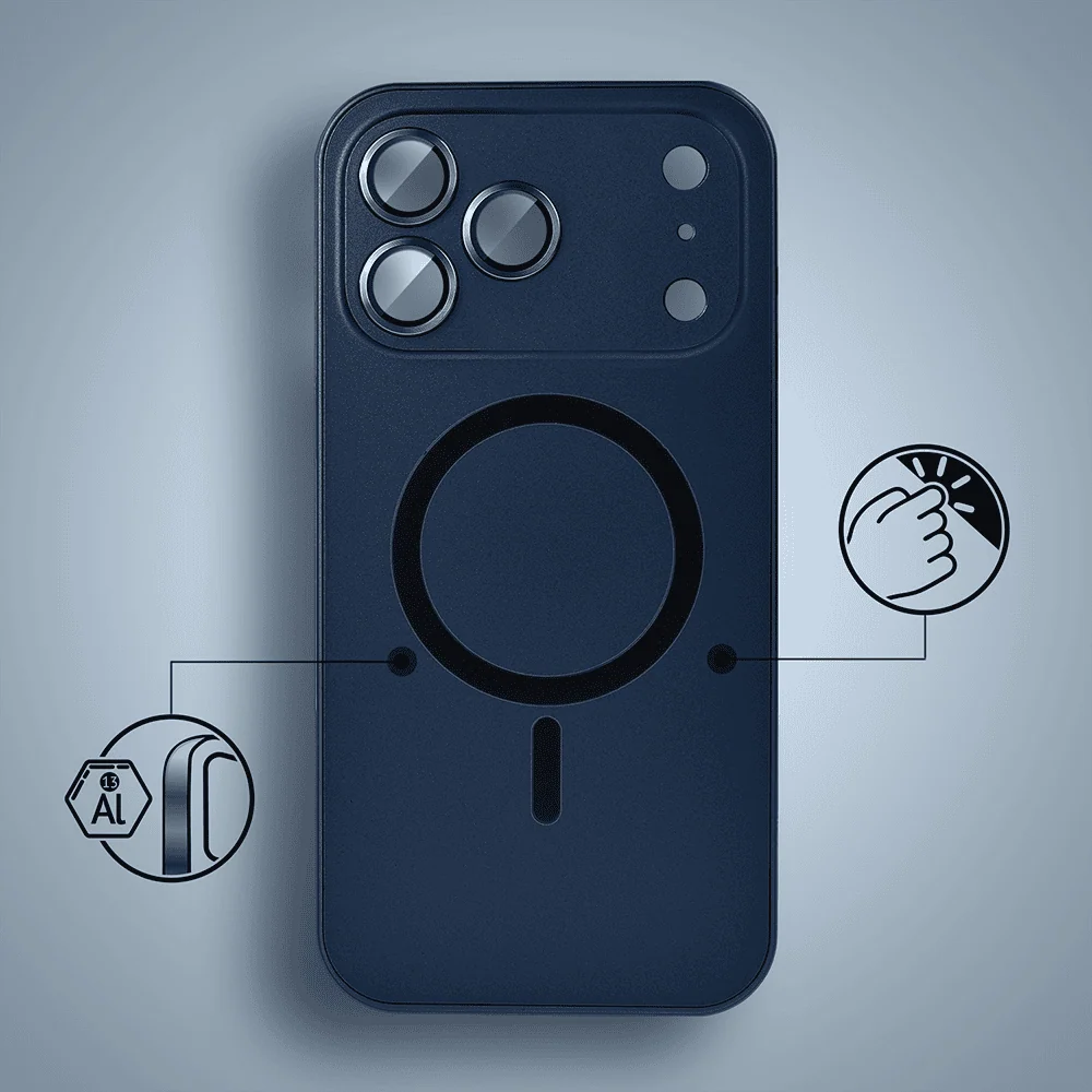 etui do iphone 18 pro metal solid magsafe, pełny tył z metalową ramką i osłoną aparatu, granatowe