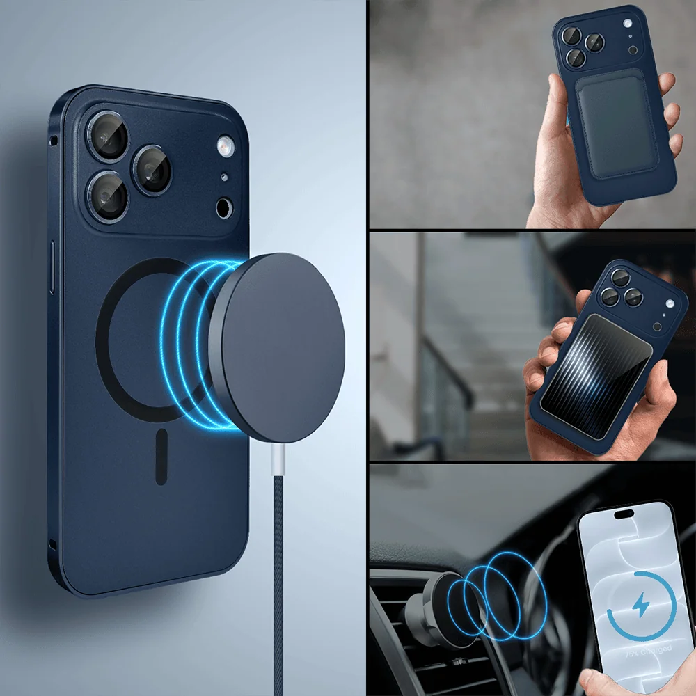 etui do iphone 18 pro metal solid magsafe, pełny tył z metalową ramką i osłoną aparatu, granatowe