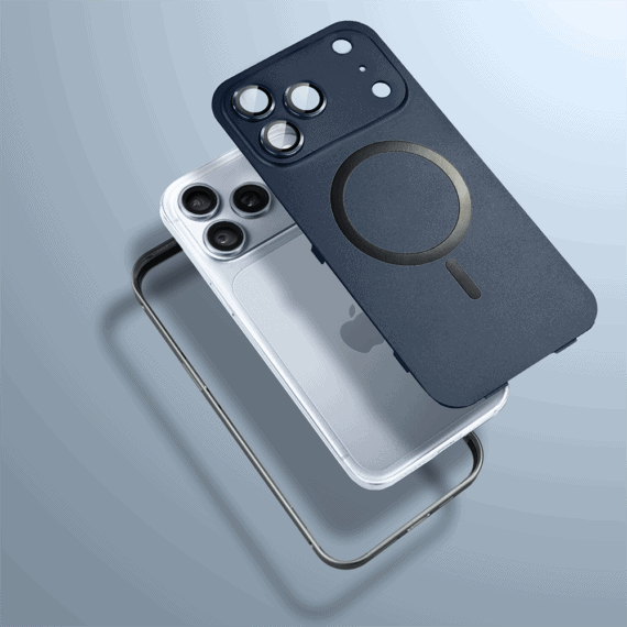 etui do iphone 18 pro metal solid magsafe, pełny tył z metalową ramką i osłoną aparatu, granatowe