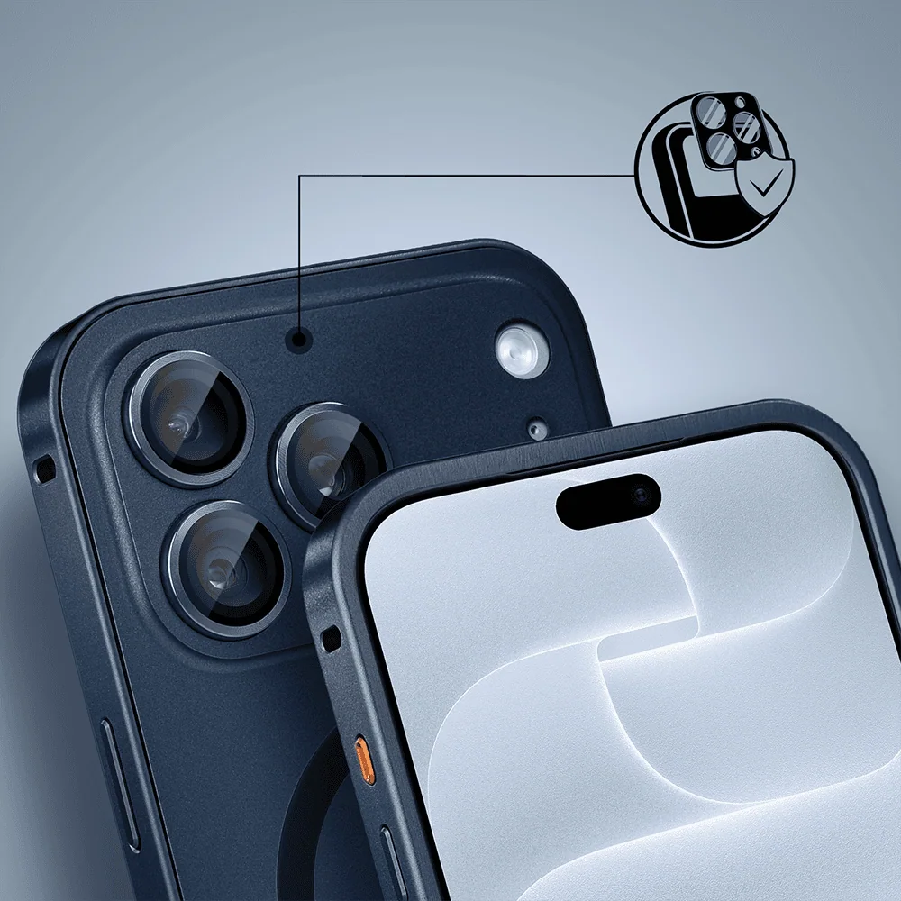 etui do iphone 18 pro metal solid magsafe, pełny tył z metalową ramką i osłoną aparatu, granatowe