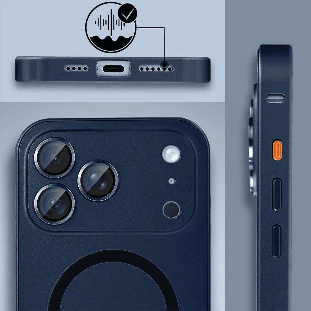 etui do iphone 18 pro metal solid magsafe, pełny tył z metalową ramką i osłoną aparatu, granatowe