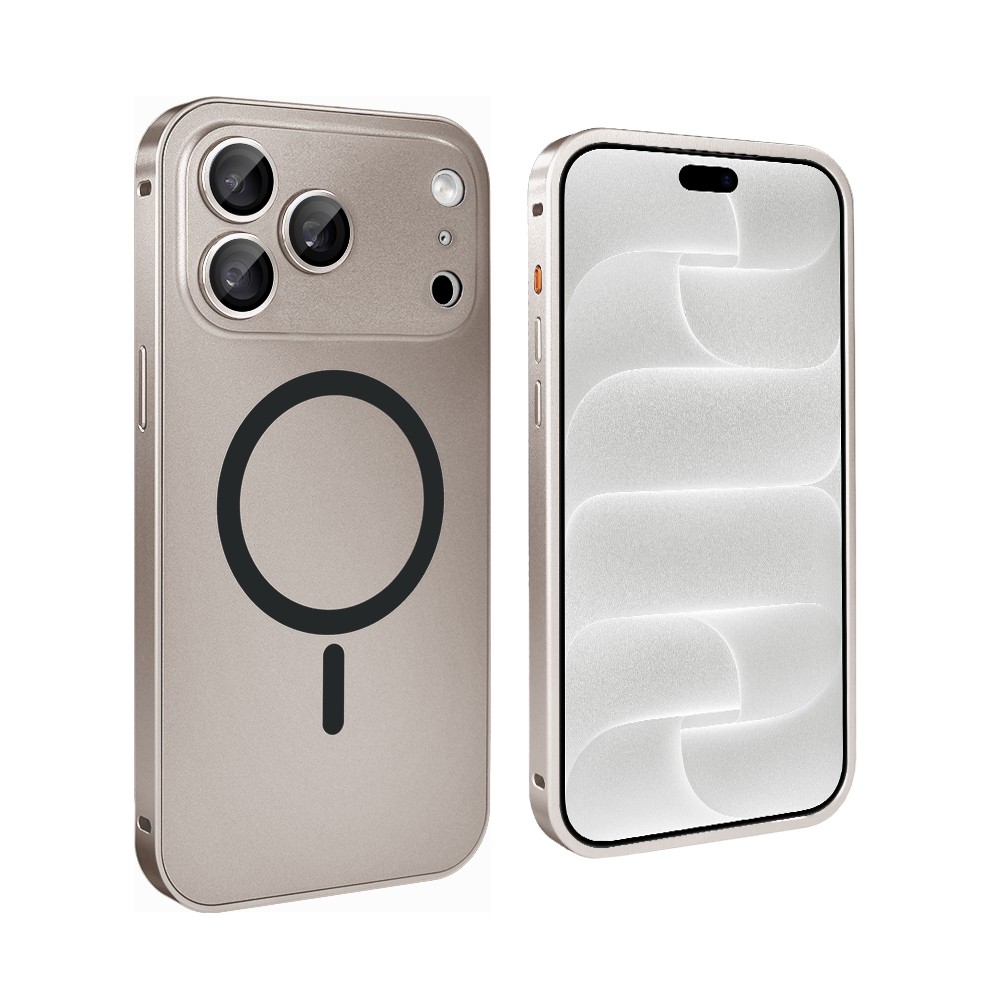 etui do iphone 18 pro metal solid magsafe, pełny tył z metalową ramką i osłoną aparatu, pustynny brąz