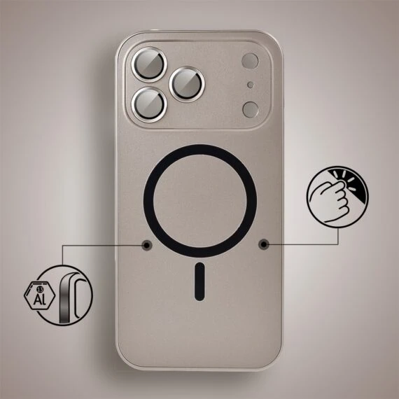 etui do iphone 18 pro metal solid magsafe, pełny tył z metalową ramką i osłoną aparatu, pustynny brąz