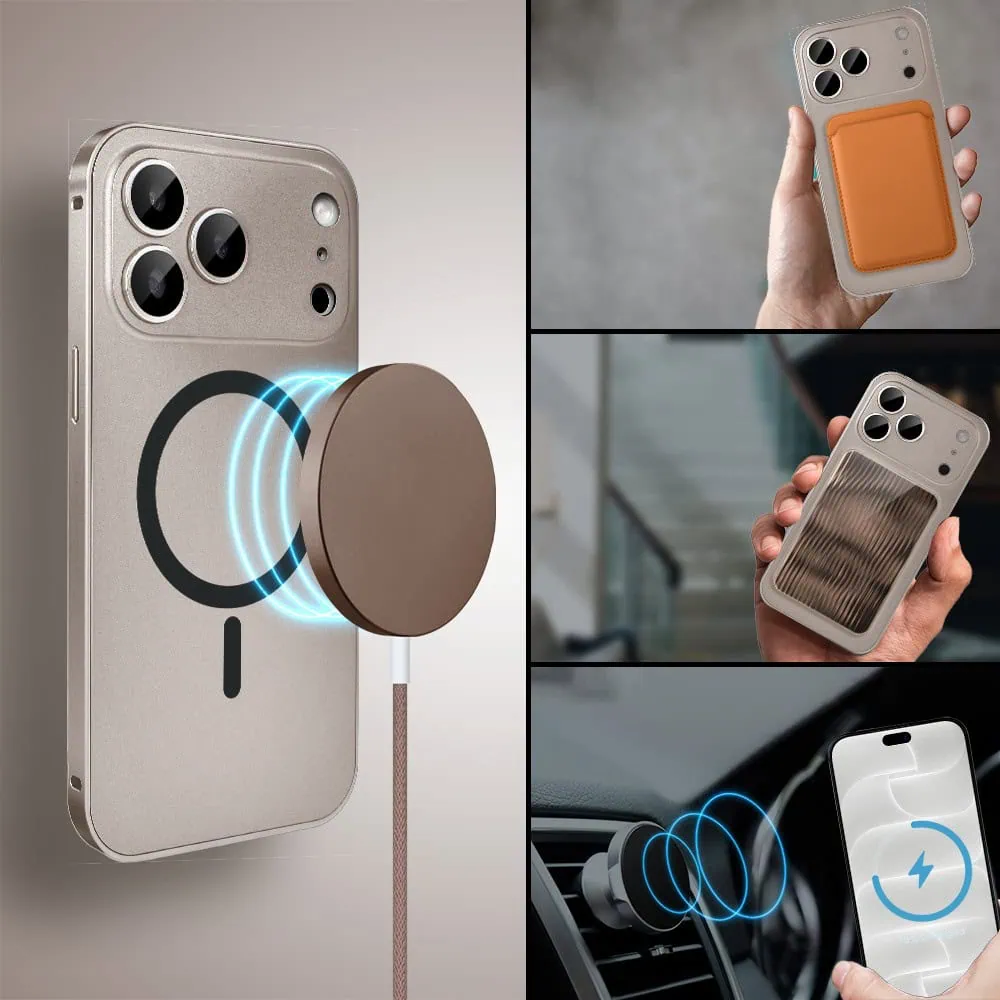 etui do iphone 18 pro metal solid magsafe, pełny tył z metalową ramką i osłoną aparatu, pustynny brąz