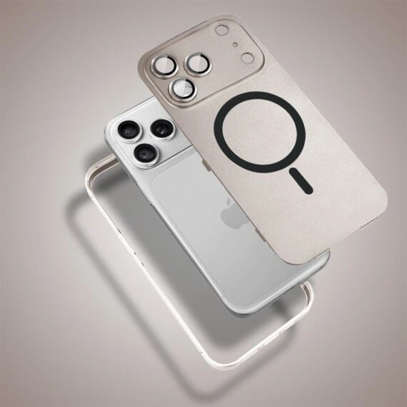 etui do iphone 18 pro metal solid magsafe, pełny tył z metalową ramką i osłoną aparatu, pustynny brąz