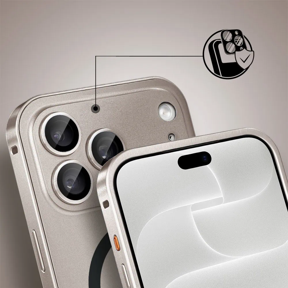 etui do iphone 18 pro metal solid magsafe, pełny tył z metalową ramką i osłoną aparatu, pustynny brąz