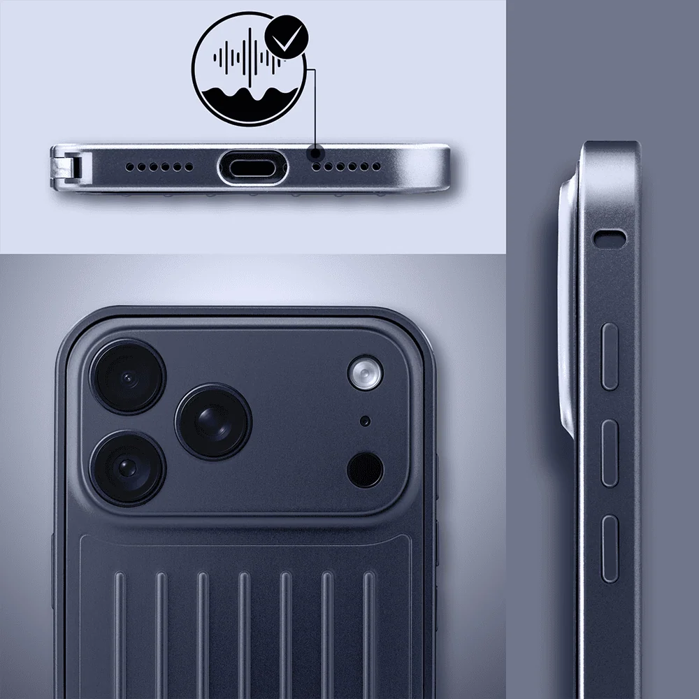 etui do iphone 18 pro max metal supreme, metalowa ramka i tył, granatowe