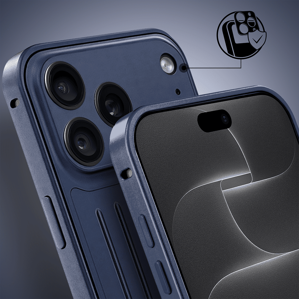 etui do iphone 18 pro max metal supreme, metalowa ramka i tył, granatowe