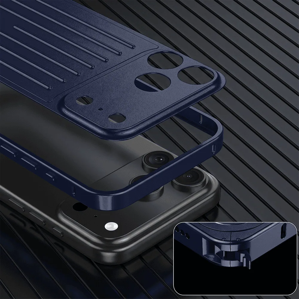 etui do iphone 18 pro max metal supreme, metalowa ramka i tył, granatowe
