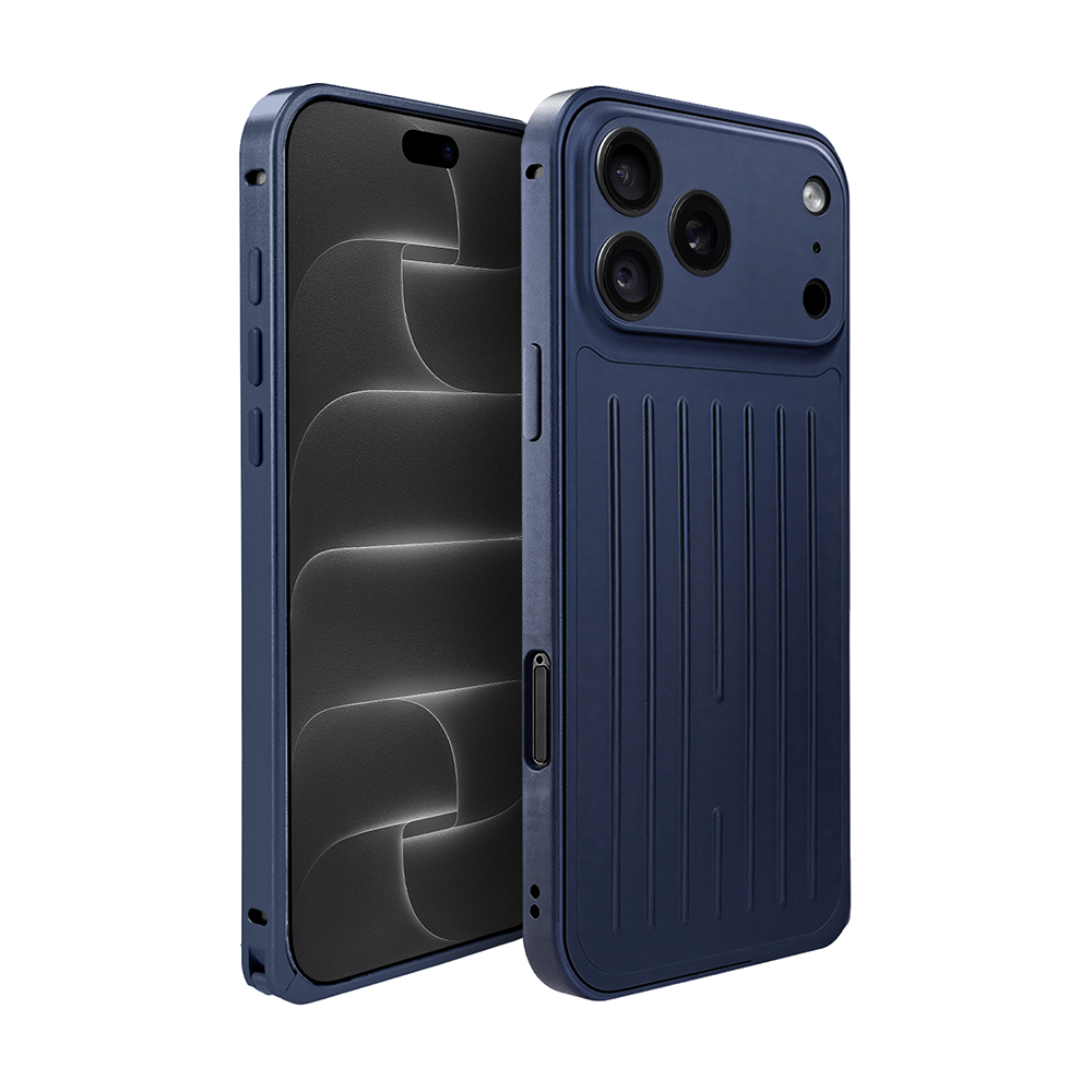etui do iphone 18 pro max metal supreme, metalowa ramka i tył, granatowe