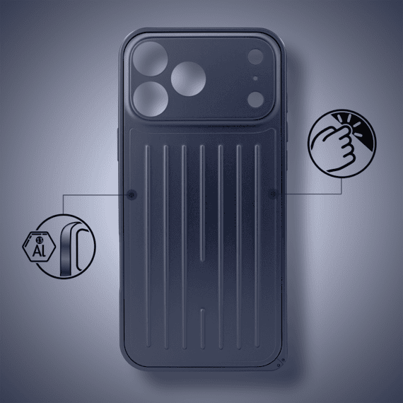 etui do iphone 18 pro max metal supreme, metalowa ramka i tył, granatowe
