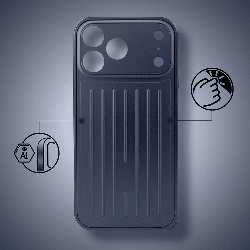 etui do iphone 18 pro max metal supreme, metalowa ramka i tył, granatowe