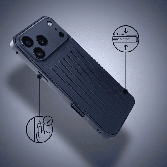 etui do iphone 18 pro max metal supreme, metalowa ramka i tył, granatowe