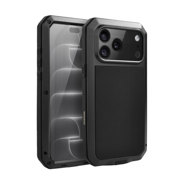 Etui do iPhone 18 Pro Panzer Max, metalowa, skręcana, pancerna obudowa przód+tył, czarne