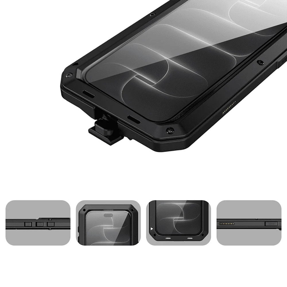 etui do iphone 18 pro panzer max, metalowa, skręcana, pancerna obudowa przód+tył, czarne