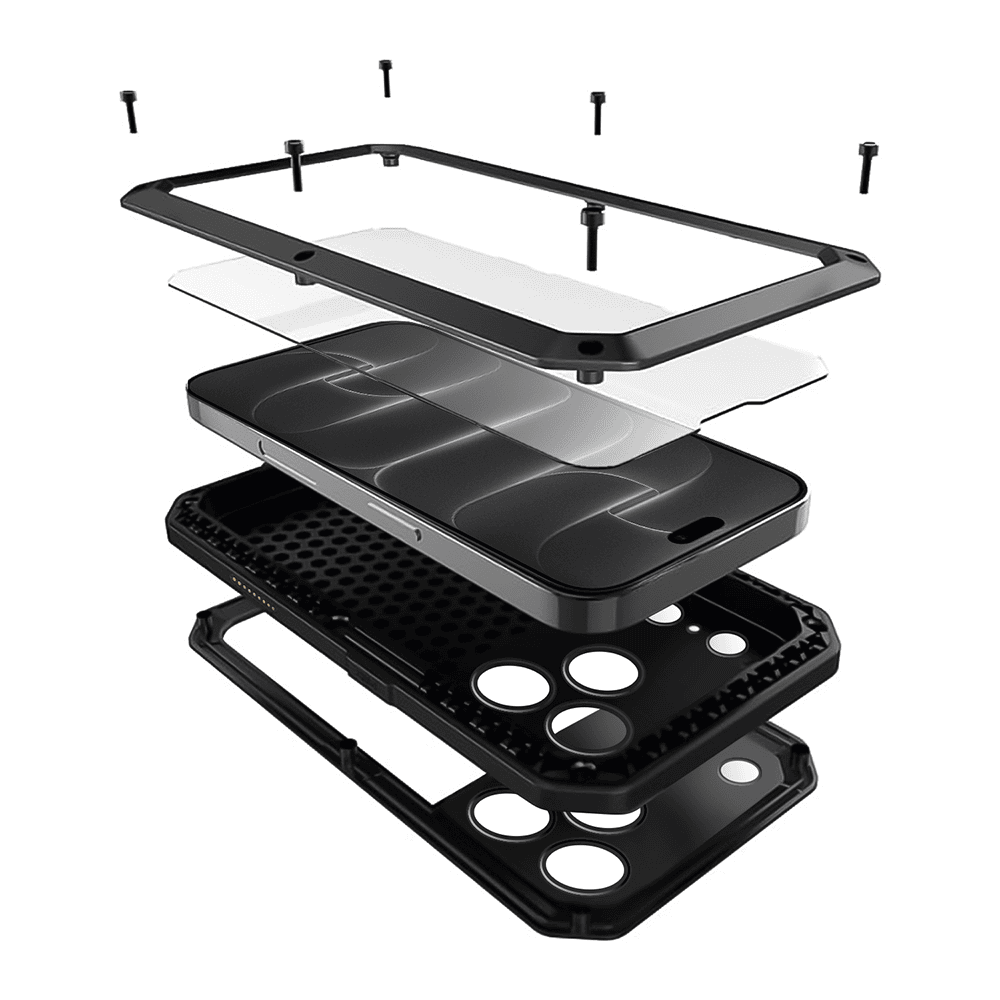 etui do iphone 18 pro panzer max, metalowa, skręcana, pancerna obudowa przód+tył, czarne
