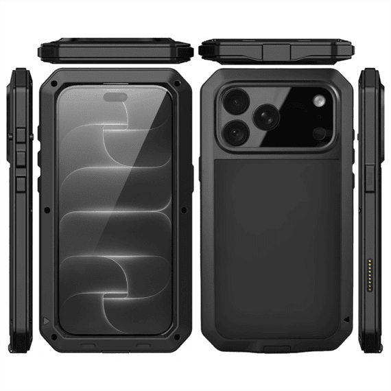 etui do iphone 18 pro panzer max, metalowa, skręcana, pancerna obudowa przód+tył, czarne