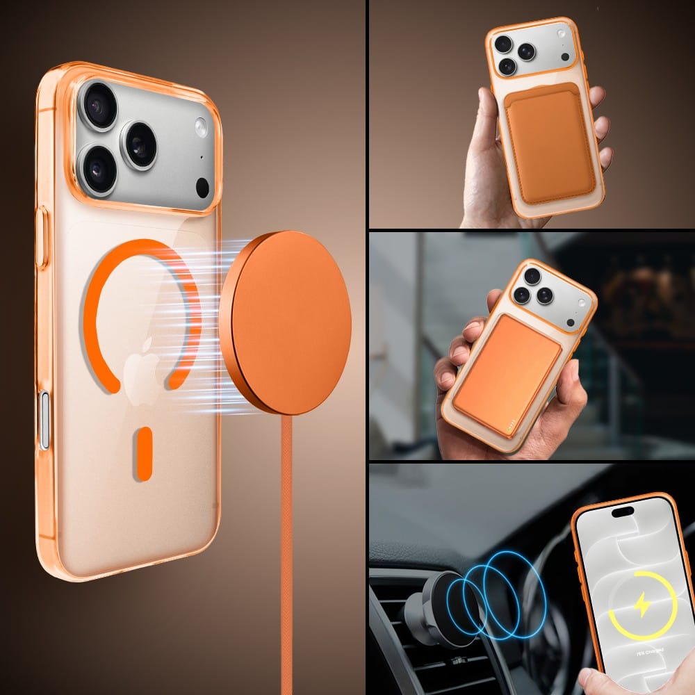 etui do iphone 18 pro max prisma slim z magsafe, cienkie z twardym tyłem, pomarańczowe