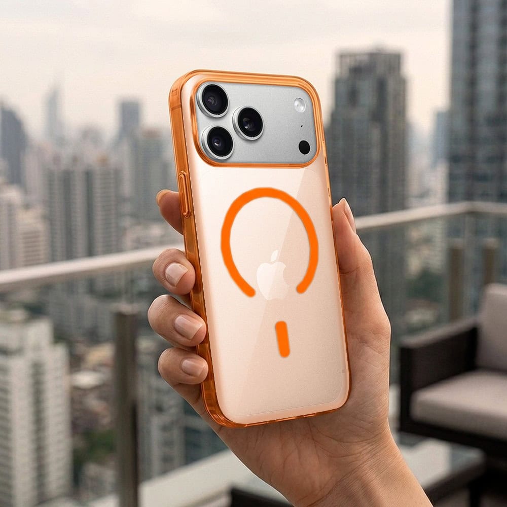 etui do iphone 18 pro max prisma slim z magsafe, cienkie z twardym tyłem, pomarańczowe