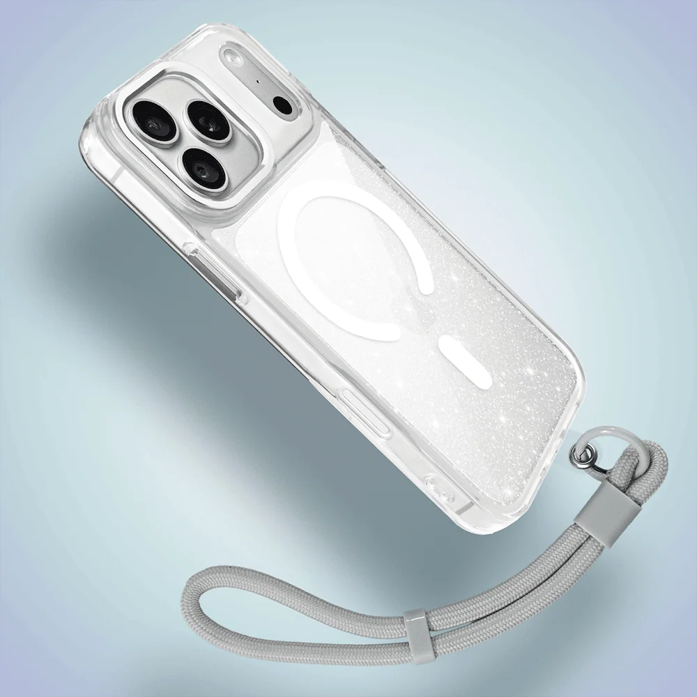 etui do iphone 18 pro max super hybrid sparkle z magsafe, błyszczący, twardy brokatowy tył, metalowe ozdoby, przeźroczyste