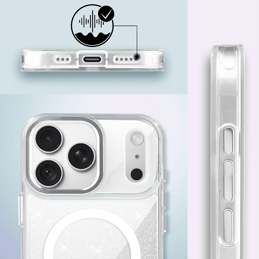 etui do iphone 18 pro max super hybrid sparkle z magsafe, błyszczący, twardy brokatowy tył, metalowe ozdoby, przeźroczyste