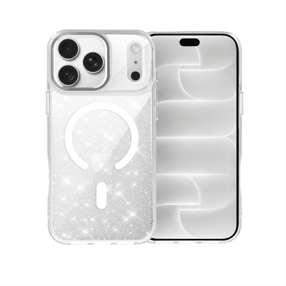 etui do iphone 18 pro max super hybrid sparkle z magsafe, błyszczący, twardy brokatowy tył, metalowe ozdoby, przeźroczyste