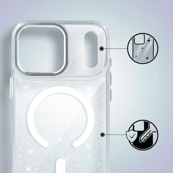 etui do iphone 18 pro max super hybrid sparkle z magsafe, błyszczący, twardy brokatowy tył, metalowe ozdoby, przeźroczyste