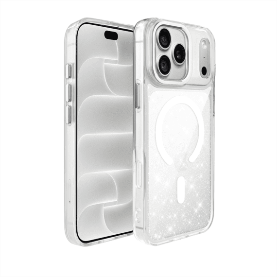 etui do iphone 18 pro max super hybrid sparkle z magsafe, błyszczący, twardy brokatowy tył, metalowe ozdoby, przeźroczyste