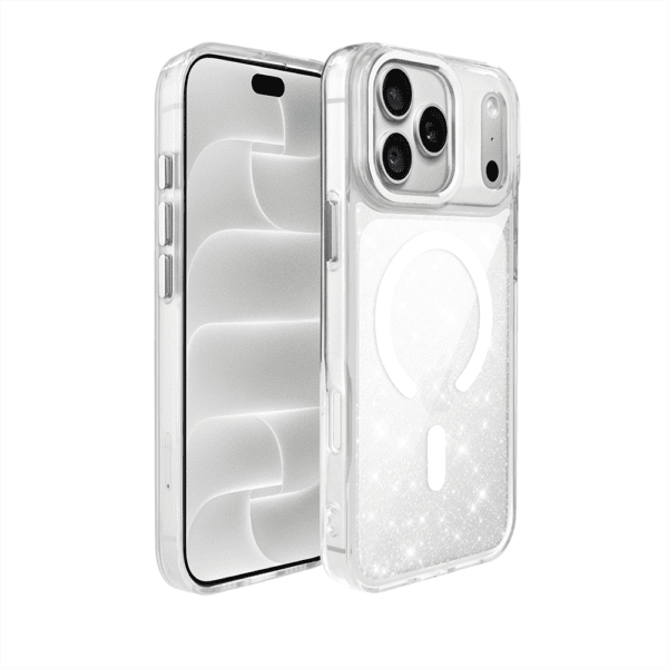 Etui do iPhone 18 Pro Super Hybrid Sparkle z MagSafe, błyszczący, twardy brokatowy tył, metalowe ozdoby, przeźroczyste