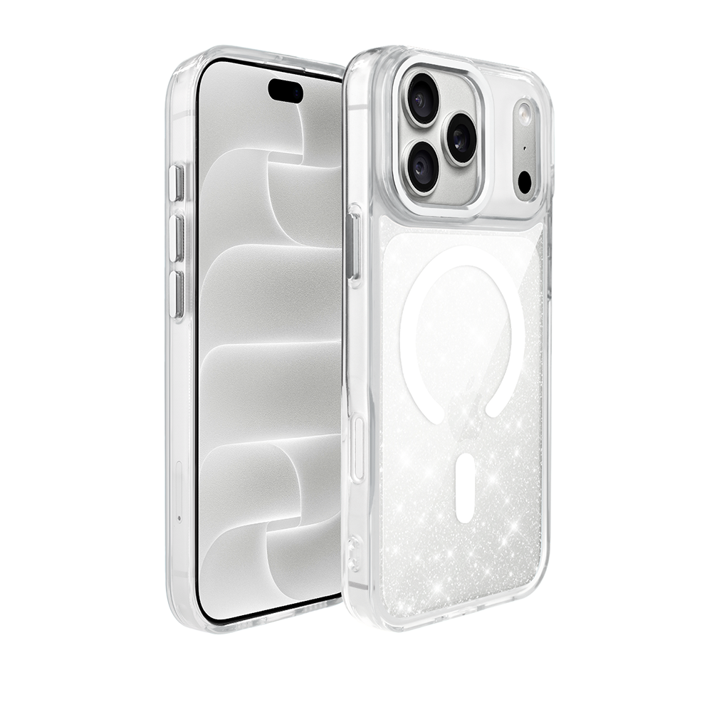 etui do iphone 18 pro max super hybrid sparkle z magsafe, błyszczący, twardy brokatowy tył, metalowe ozdoby, przeźroczyste