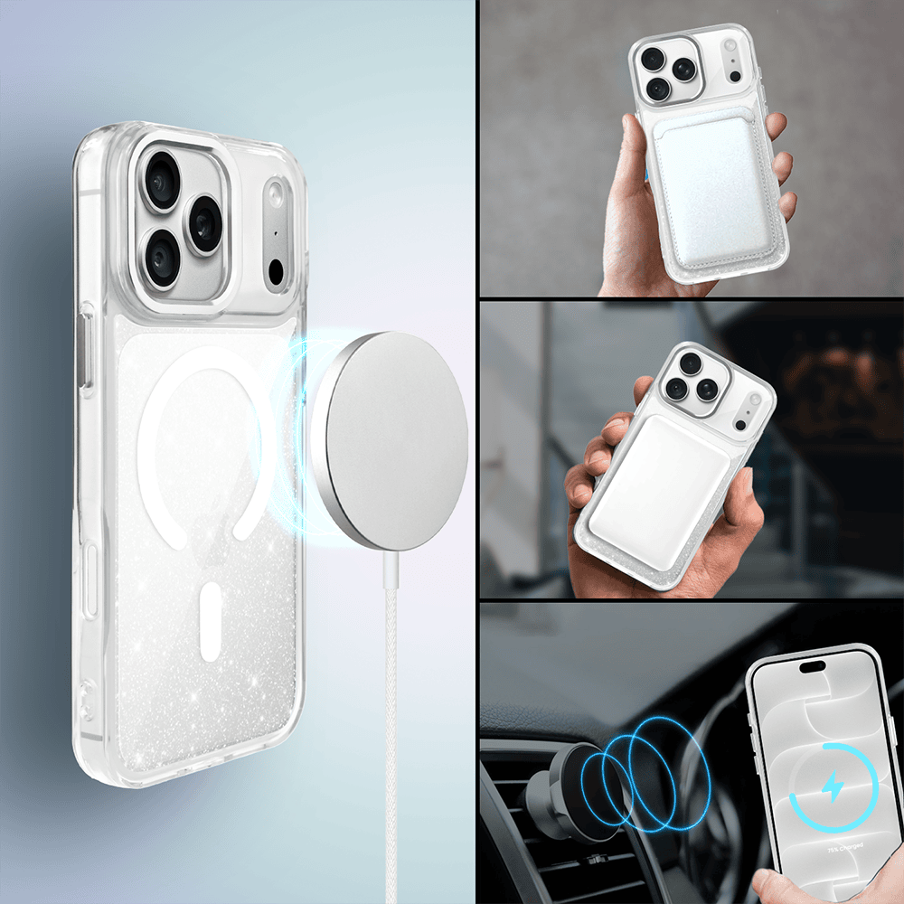 etui do iphone 18 pro max super hybrid sparkle z magsafe, błyszczący, twardy brokatowy tył, metalowe ozdoby, przeźroczyste