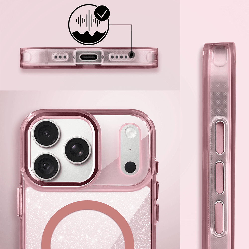 etui do iphone 18 pro max super hybrid sparkle z magsafe, błyszczący, twardy brokatowy tył, metalowe ozdoby, różowe