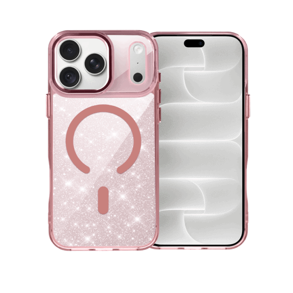 etui do iphone 18 pro max super hybrid sparkle z magsafe, błyszczący, twardy brokatowy tył, metalowe ozdoby, różowe