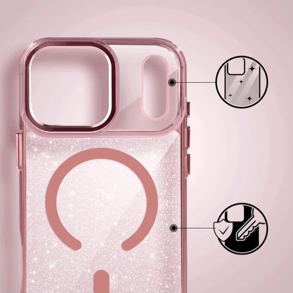 etui do iphone 18 pro max super hybrid sparkle z magsafe, błyszczący, twardy brokatowy tył, metalowe ozdoby, różowe