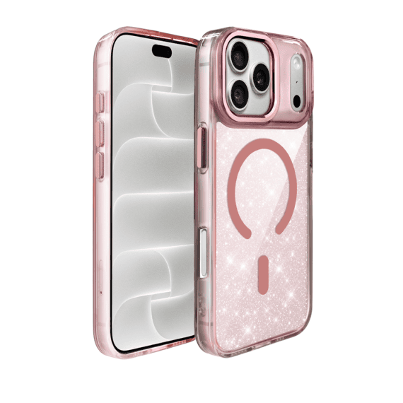 etui do iphone 18 pro max super hybrid sparkle z magsafe, błyszczący, twardy brokatowy tył, metalowe ozdoby, różowe