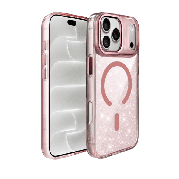Etui do iPhone 18 Pro Super Hybrid Sparkle z MagSafe, błyszczący, twardy brokatowy tył, metalowe ozdoby, różowe
