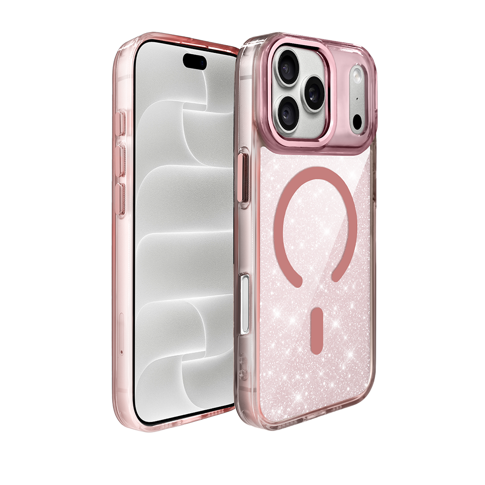 etui do iphone 18 pro max super hybrid sparkle z magsafe, błyszczący, twardy brokatowy tył, metalowe ozdoby, różowe