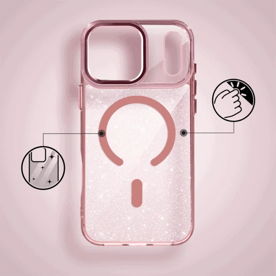 etui do iphone 18 pro max super hybrid sparkle z magsafe, błyszczący, twardy brokatowy tył, metalowe ozdoby, różowe