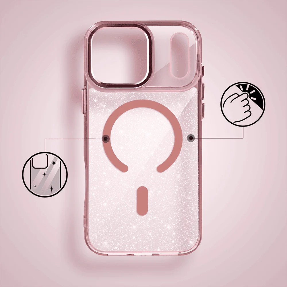 etui do iphone 18 pro max super hybrid sparkle z magsafe, błyszczący, twardy brokatowy tył, metalowe ozdoby, różowe