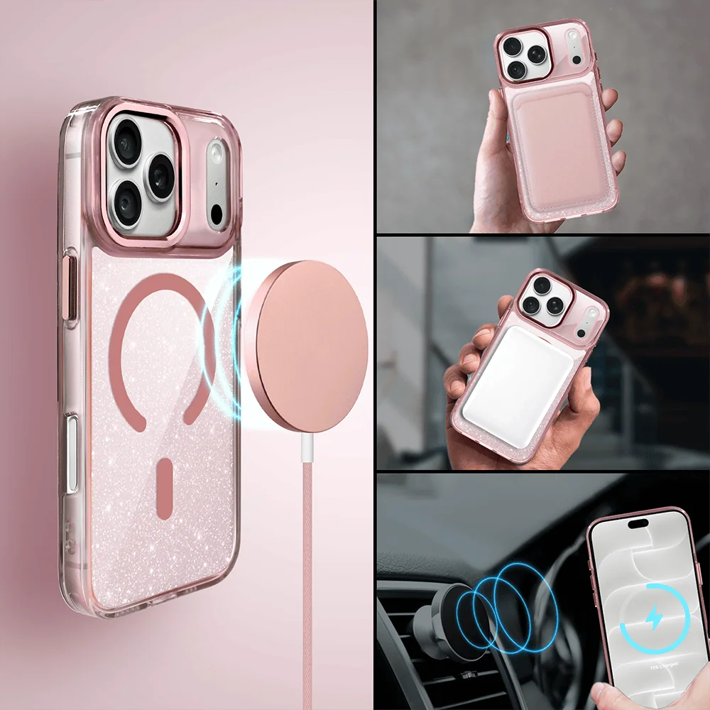 etui do iphone 18 pro max super hybrid sparkle z magsafe, błyszczący, twardy brokatowy tył, metalowe ozdoby, różowe