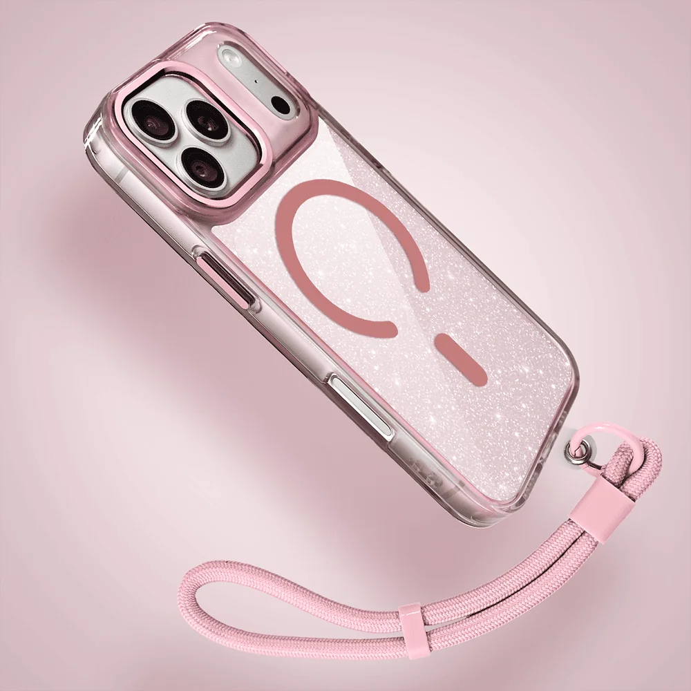 etui do iphone 18 pro max super hybrid sparkle z magsafe, błyszczący, twardy brokatowy tył, metalowe ozdoby, różowe